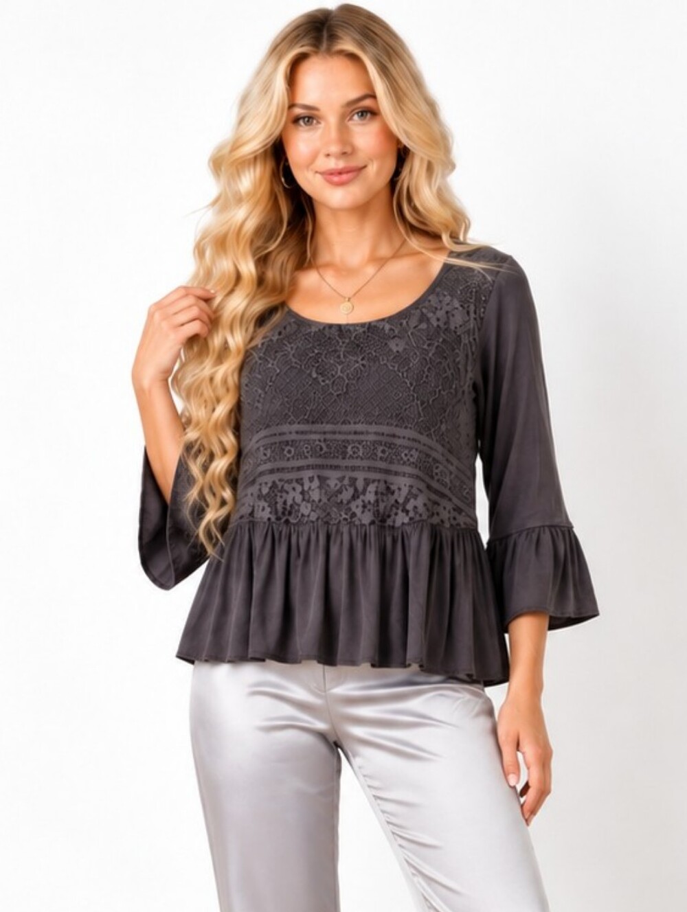Knox Rose Gray Lace Peplum Blouse Bell Sleeve Boho Top XS
